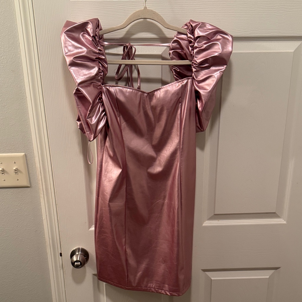 Metallic Rose Pink Puff Sleeve Mini Dress Nwt